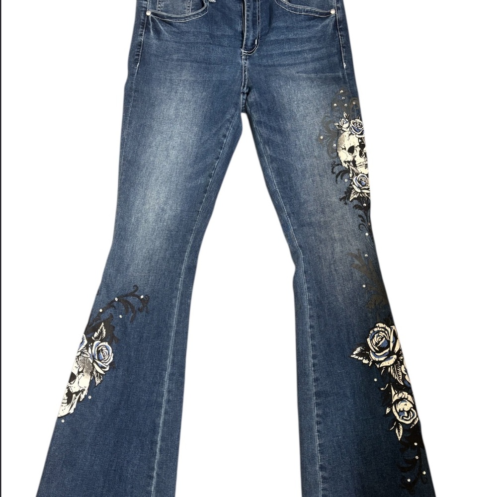 Hot Topic Blue Flare Jeans with Skull and Rose
